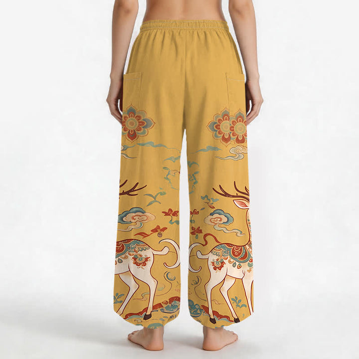 Buddha Stones Pantalones harem de algodón estilo boho con estampado de ciervos y nubes para mujer, cintura elástica y bolsillos laterales. - image 9