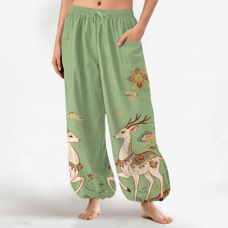 Buddha Stones Pantalones harem de algodón estilo boho con estampado de ciervos y nubes para mujer, cintura elástica y bolsillos laterales. - Verde pálido - US16，UK/AU20，EU48 (3XL) - image 10