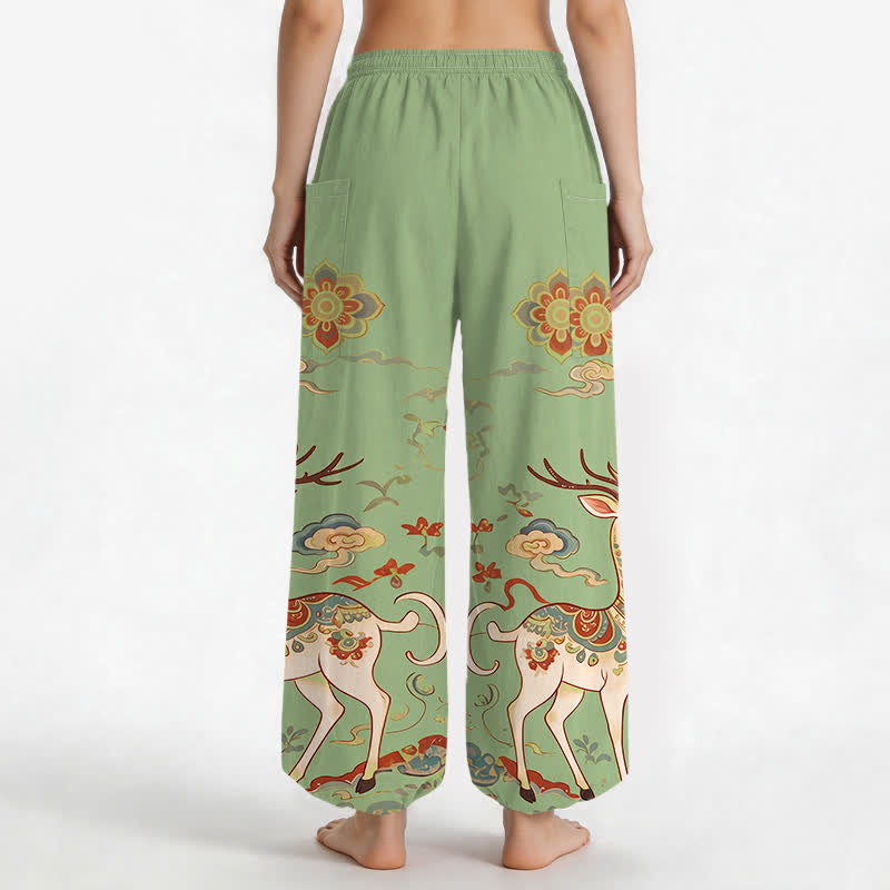 Buddha Stones Pantalones harem de algodón estilo boho con estampado de ciervos y nubes para mujer, cintura elástica y bolsillos laterales. - image 12
