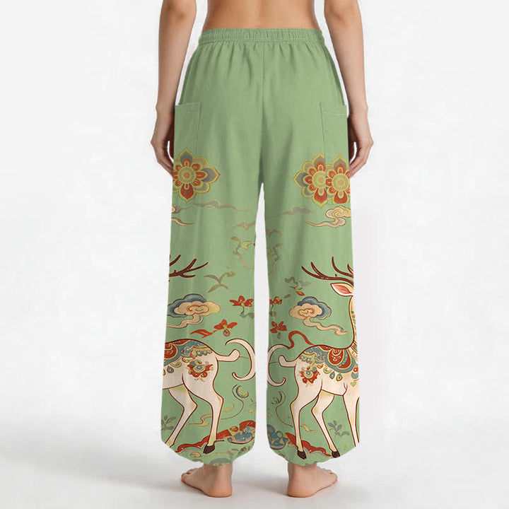 Buddha Stones Pantalones harem de algodón estilo boho con estampado de ciervos y nubes para mujer, cintura elástica y bolsillos laterales. - image 12