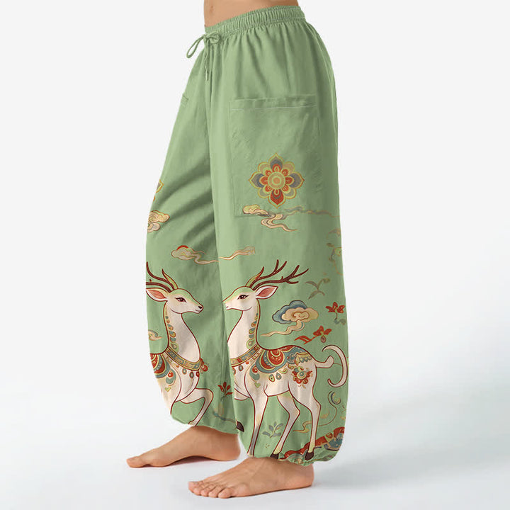Buddha Stones Pantalones harem de algodón estilo boho con estampado de ciervos y nubes para mujer, cintura elástica y bolsillos laterales. - image 11