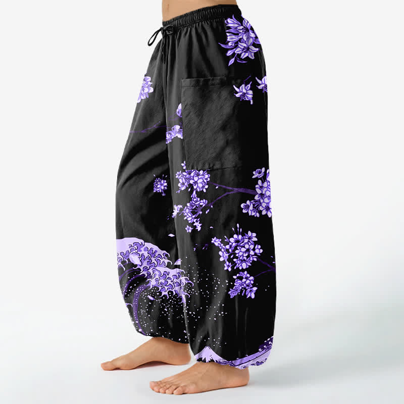 Buddha Stones Pantalones harem de algodón con estampado Ukiyo-e Bloom Wave para mujer, cintura elástica y bolsillos laterales. - image 1