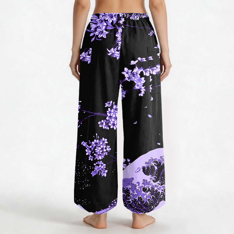 Buddha Stones Pantalones harem de algodón con estampado Ukiyo-e Bloom Wave para mujer, cintura elástica y bolsillos laterales. - image 2