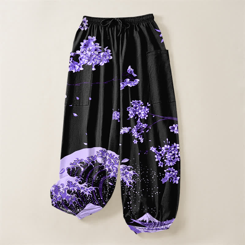 Buddha Stones Pantalones harem de algodón con estampado Ukiyo-e Bloom Wave para mujer, cintura elástica y bolsillos laterales. - image 3