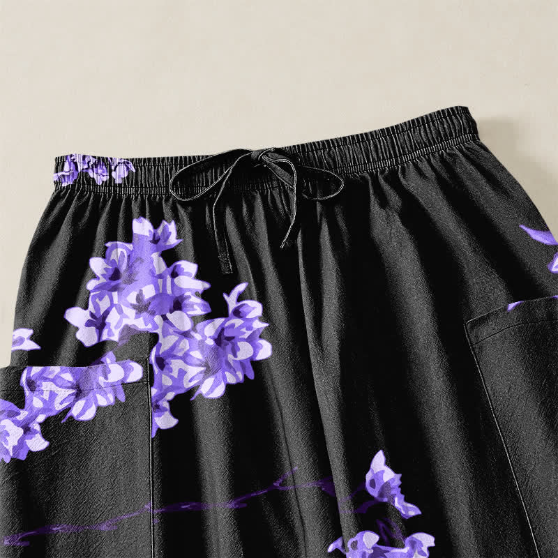 Buddha Stones Pantalones harem de algodón con estampado Ukiyo-e Bloom Wave para mujer, cintura elástica y bolsillos laterales. - image 5