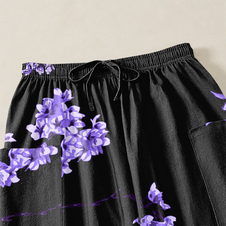 Buddha Stones Pantalones harem de algodón con estampado Ukiyo-e Bloom Wave para mujer, cintura elástica y bolsillos laterales. - image 5
