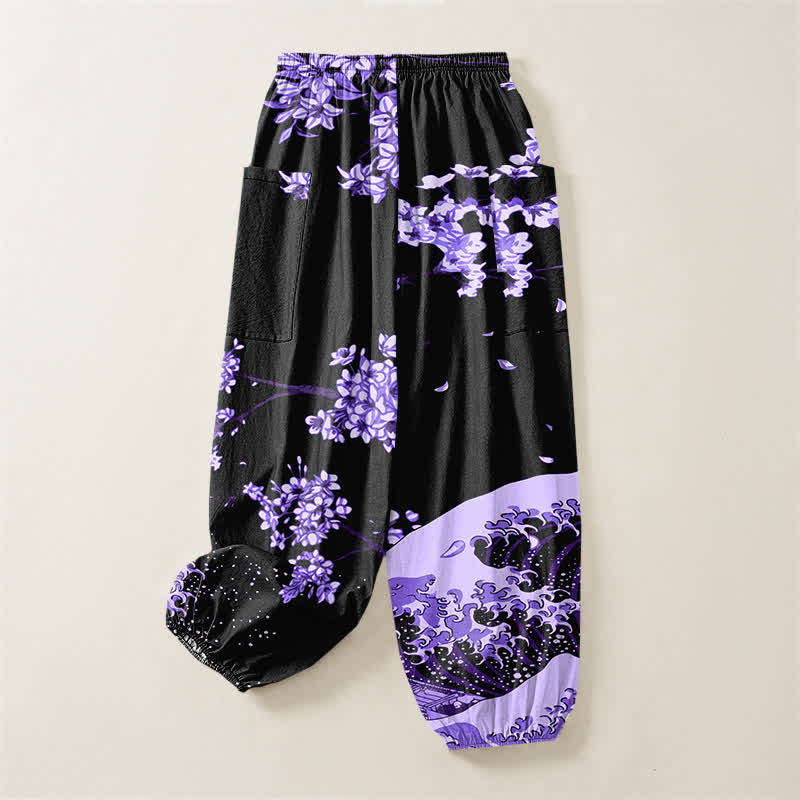 Buddha Stones Pantalones harem de algodón con estampado Ukiyo-e Bloom Wave para mujer, cintura elástica y bolsillos laterales. - image 4