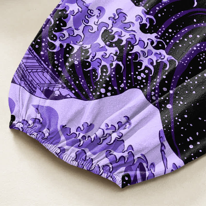 Buddha Stones Pantalones harem de algodón con estampado Ukiyo-e Bloom Wave para mujer, cintura elástica y bolsillos laterales. - image 6