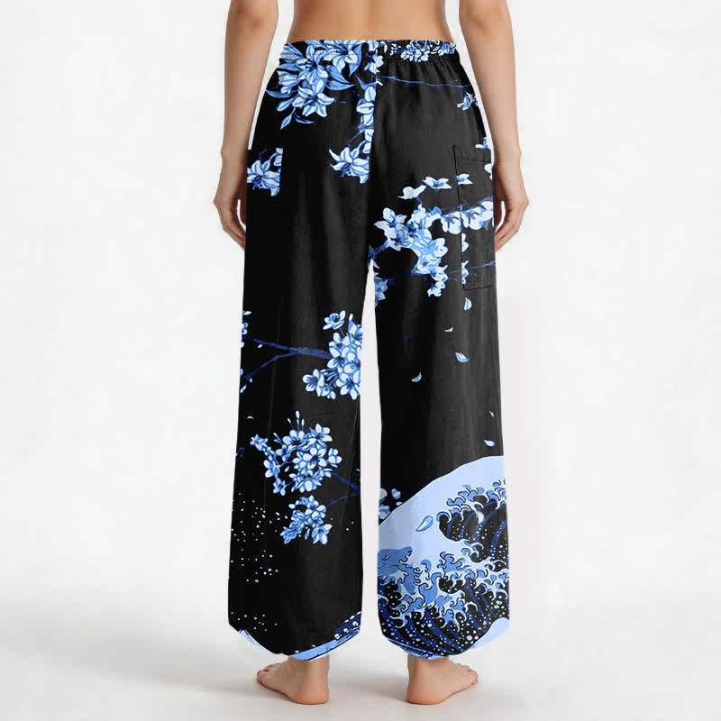 Buddha Stones Pantalones harem de algodón con estampado Ukiyo-e Bloom Wave para mujer, cintura elástica y bolsillos laterales. - image 9