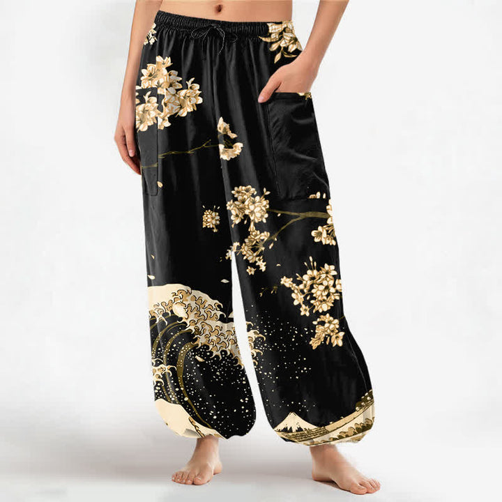 Buddha Stones Pantalones harem de algodón con estampado Ukiyo-e Bloom Wave para mujer, cintura elástica y bolsillos laterales. - Caqui - US16，UK/AU20，EU48 (3XL) - image 10