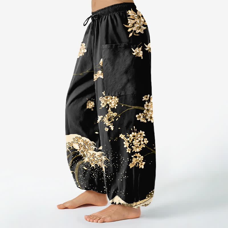 Buddha Stones Pantalones harem de algodón con estampado Ukiyo-e Bloom Wave para mujer, cintura elástica y bolsillos laterales. - image 11