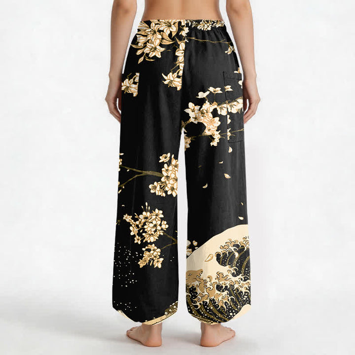 Buddha Stones Pantalones harem de algodón con estampado Ukiyo-e Bloom Wave para mujer, cintura elástica y bolsillos laterales. - image 12