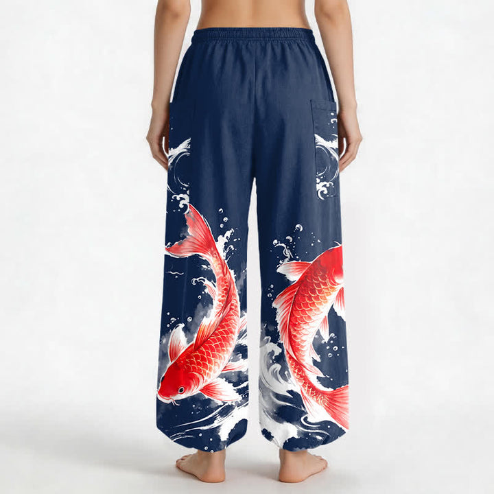 Buddha Stones Pantalones harem de algodón para mujer con estampado de peces koi y cintura elástica, con bolsillos laterales. - image 2