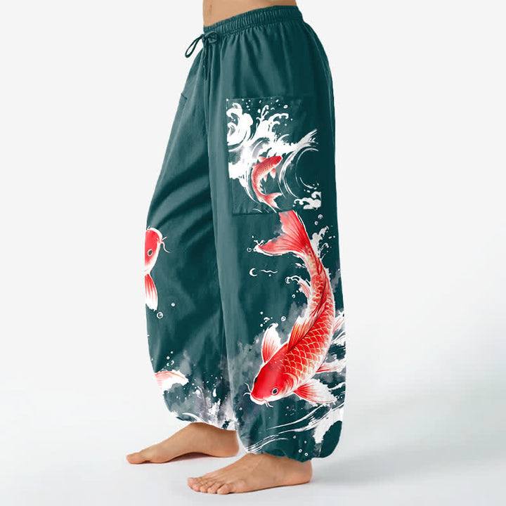 Buddha Stones Pantalones harem de algodón para mujer con estampado de peces koi y cintura elástica, con bolsillos laterales. - image 8