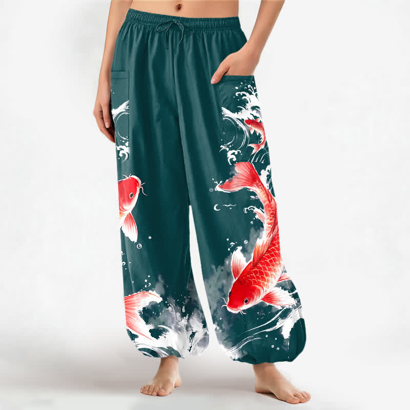 Buddha Stones Pantalones harem de algodón para mujer con estampado de peces koi y cintura elástica, con bolsillos laterales. - Verde azulado - US16，UK/AU20，EU48 (3XL) - image 7