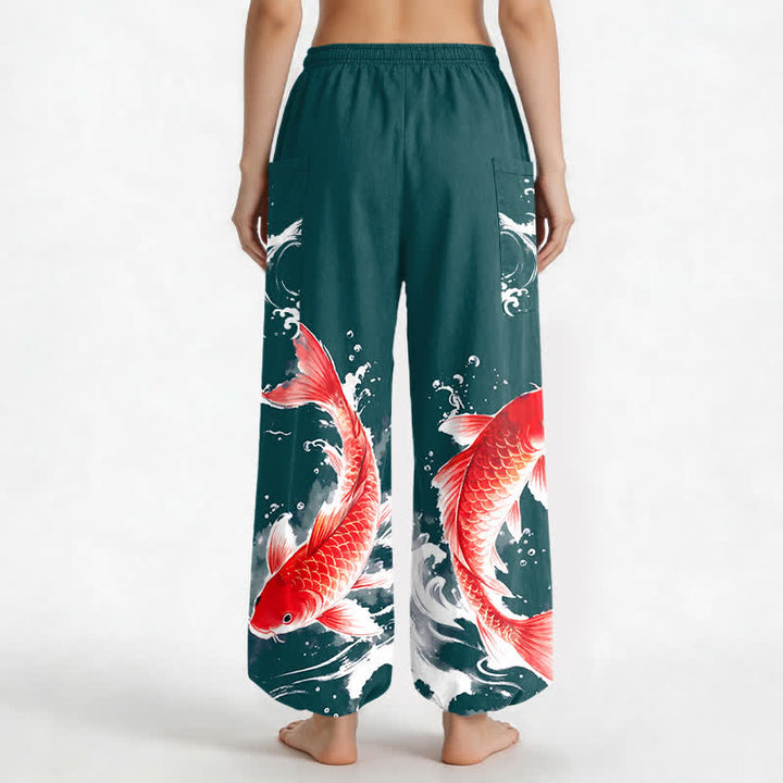 Buddha Stones Pantalones harem de algodón para mujer con estampado de peces koi y cintura elástica, con bolsillos laterales. - image 9