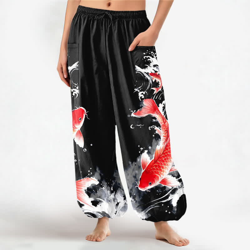Buddha Stones Pantalones harem de algodón para mujer con estampado de peces koi y cintura elástica, con bolsillos laterales. - Negro - US16，UK/AU20，EU48 (3XL) - image 10