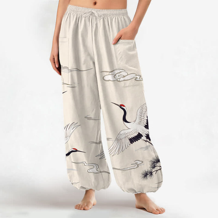 Buddha Stones Pantalones harem de algodón blanco con estampado de grullas y cintura elástica para mujer, con bolsillos laterales. - Lino - US16，UK/AU20，EU48 (3XL) - image 0