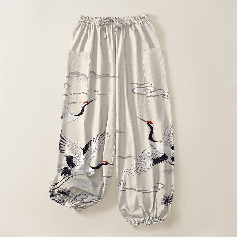 Buddha Stones Pantalones harem de algodón blanco con estampado de grullas y cintura elástica para mujer, con bolsillos laterales. - image 3