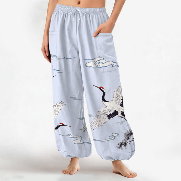 Buddha Stones Pantalones harem de algodón blanco con estampado de grullas y cintura elástica para mujer, con bolsillos laterales. - AliciaAzul - US16，UK/AU20，EU48 (3XL) - image 10