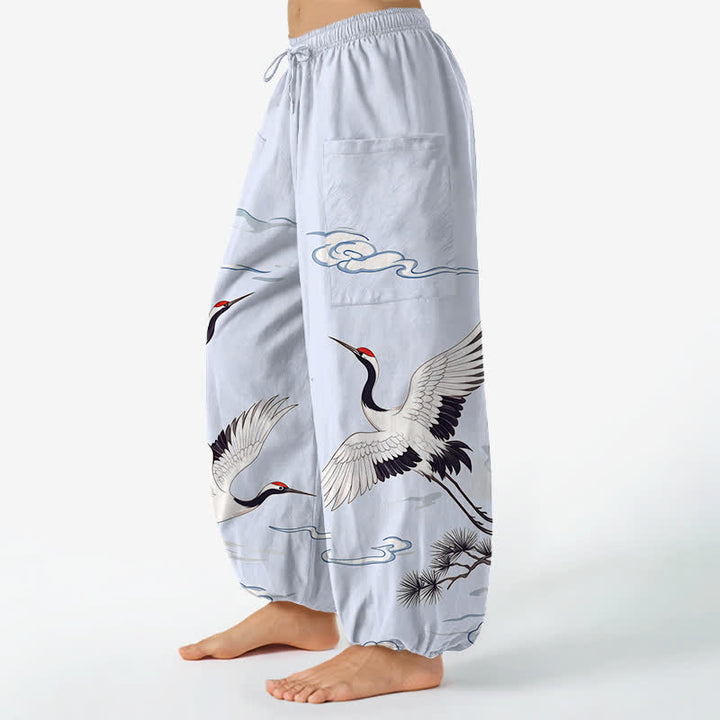 Buddha Stones Pantalones harem de algodón blanco con estampado de grullas y cintura elástica para mujer, con bolsillos laterales. - image 11