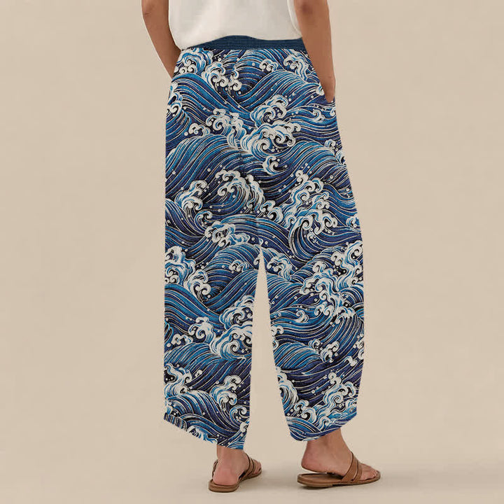Buddha Stones Pantalones harem de algodón con estampado de olas marinas, cintura elástica plisada y bolsillos para mujer. - image 2