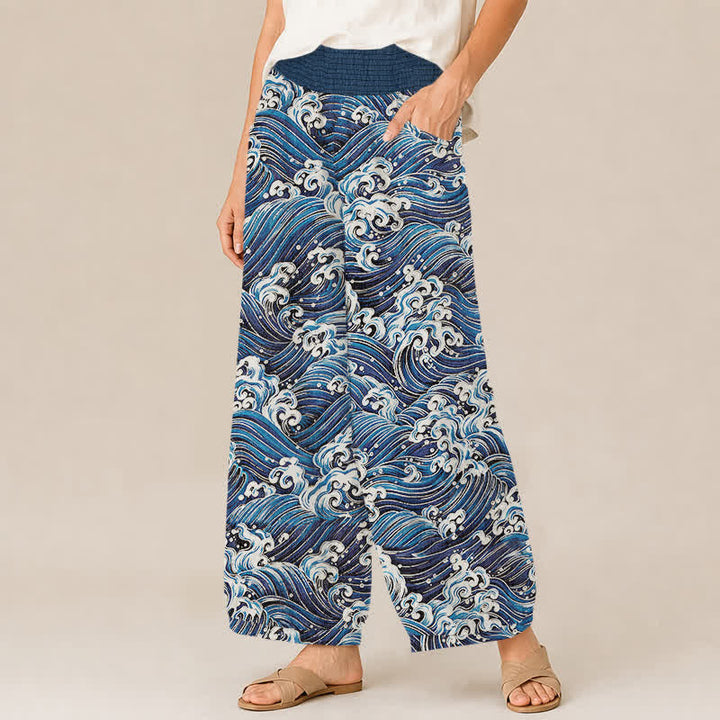 Buddha Stones Pantalones harem de algodón con estampado de olas marinas, cintura elástica plisada y bolsillos para mujer. - image 1
