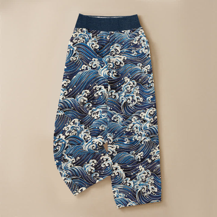 Buddha Stones Pantalones harem de algodón con estampado de olas marinas, cintura elástica plisada y bolsillos para mujer. - image 3