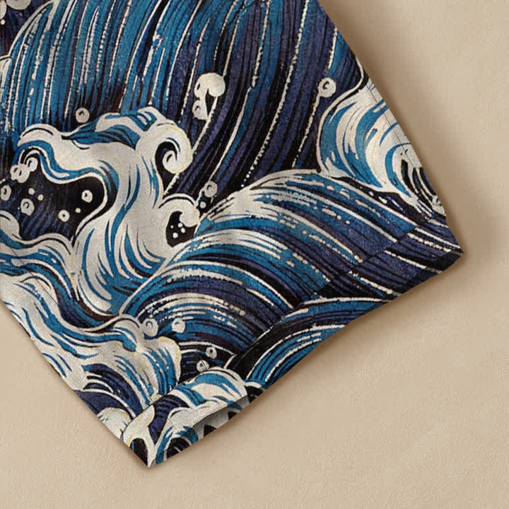 Buddha Stones Pantalones harem de algodón con estampado de olas marinas, cintura elástica plisada y bolsillos para mujer. - image 5