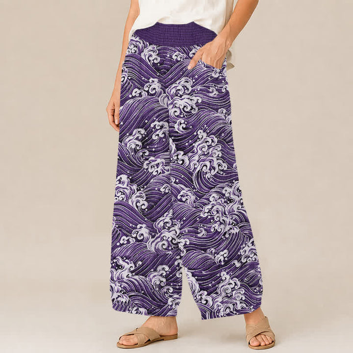 Buddha Stones Pantalones harem de algodón con estampado de olas marinas, cintura elástica plisada y bolsillos para mujer. - image 7