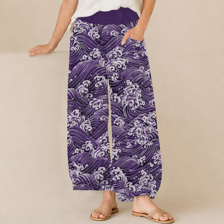 Buddha Stones Pantalones harem de algodón con estampado de olas marinas, cintura elástica plisada y bolsillos para mujer. - Índigo - US16，UK/AU20，EU48 (3XL) - image 6