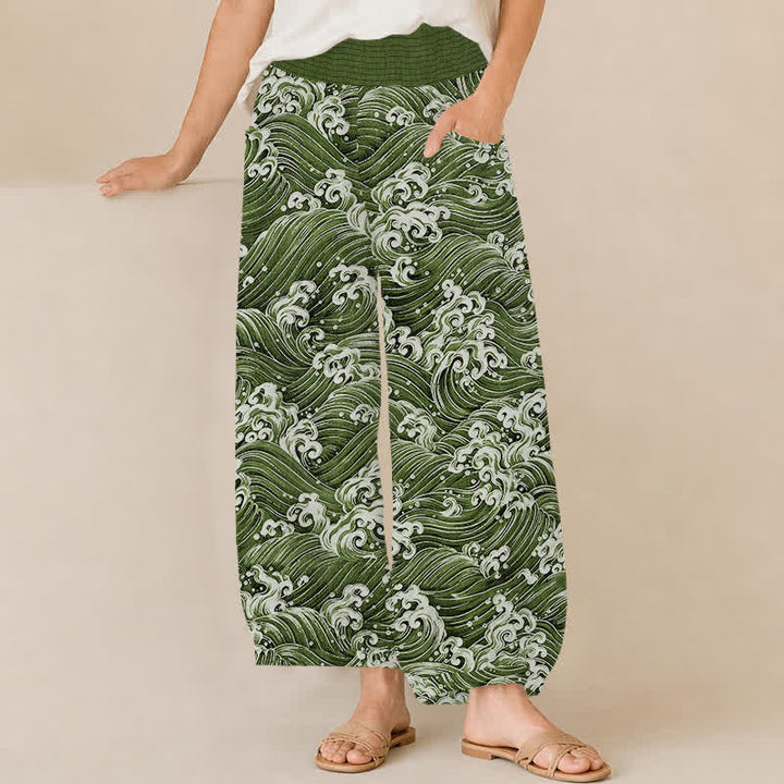 Buddha Stones Pantalones harem de algodón con estampado de olas marinas, cintura elástica plisada y bolsillos para mujer. - Verde oliva - US16，UK/AU20，EU48 (3XL) - image 10
