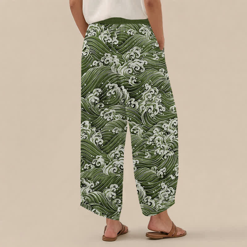 Buddha Stones Pantalones harem de algodón con estampado de olas marinas, cintura elástica plisada y bolsillos para mujer. - image 12