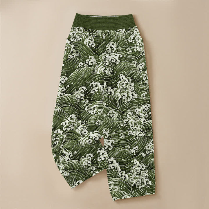 Buddha Stones Pantalones harem de algodón con estampado de olas marinas, cintura elástica plisada y bolsillos para mujer. - image 13