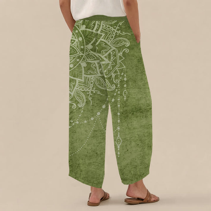 Buddha Stones Pantalones harem de algodón estilo boho con estampado de mandala y cuentas, cintura elástica plisada y bolsillos para mujer. - image 8