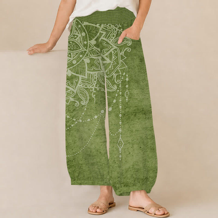 Buddha Stones Pantalones harem de algodón estilo boho con estampado de mandala y cuentas, cintura elástica plisada y bolsillos para mujer. - Verde oliva - US16，UK/AU20，EU48 (3XL) - image 6
