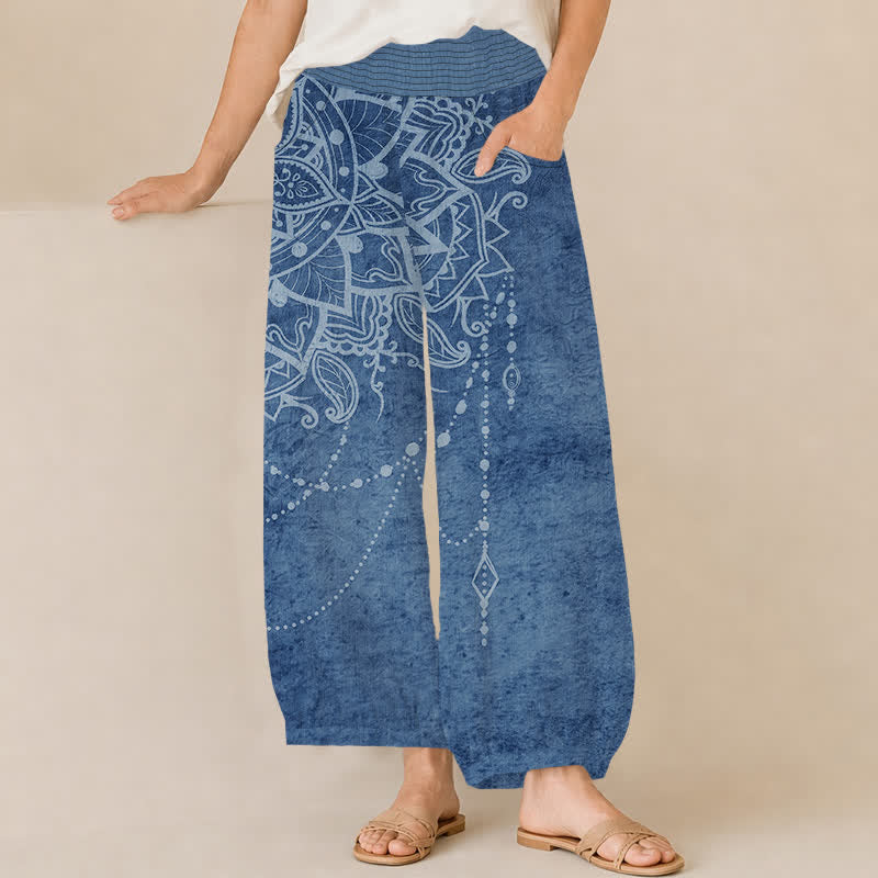 Buddha Stones Pantalones harem de algodón estilo boho con estampado de mandala y cuentas, cintura elástica plisada y bolsillos para mujer. - Azul acero - US16，UK/AU20，EU48 (3XL) - image 10
