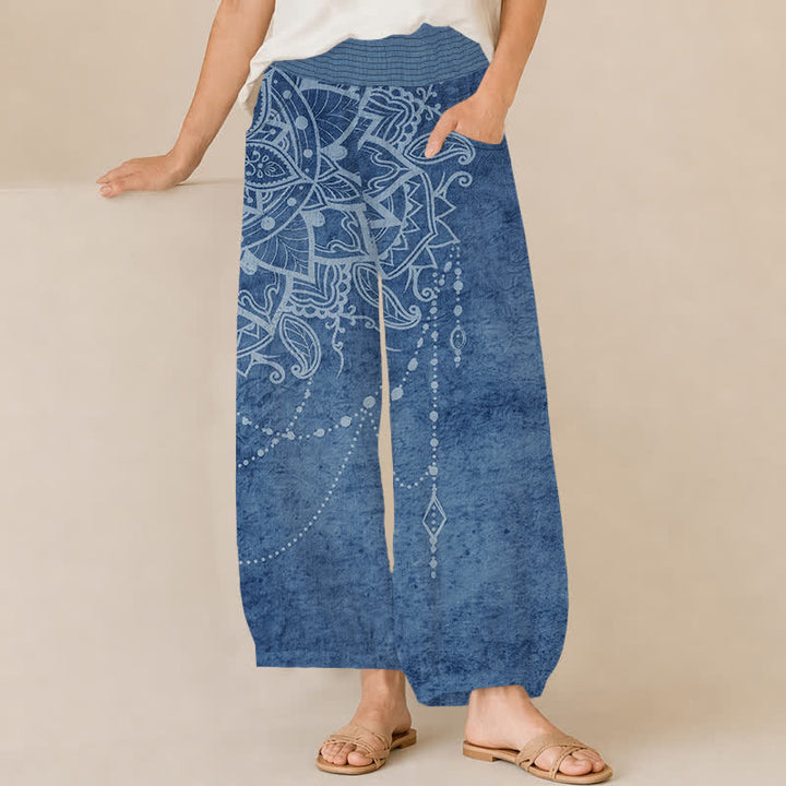 Buddha Stones Pantalones harem de algodón estilo boho con estampado de mandala y cuentas, cintura elástica plisada y bolsillos para mujer. - Azul acero - US16，UK/AU20，EU48 (3XL) - image 10