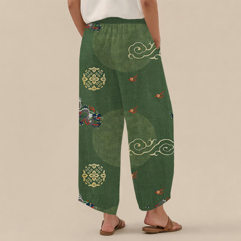 Buddha Stones Pantalones harem de algodón vintage con estampado de tótem de dragón, cintura elástica plisada y bolsillos para mujer. - image 2