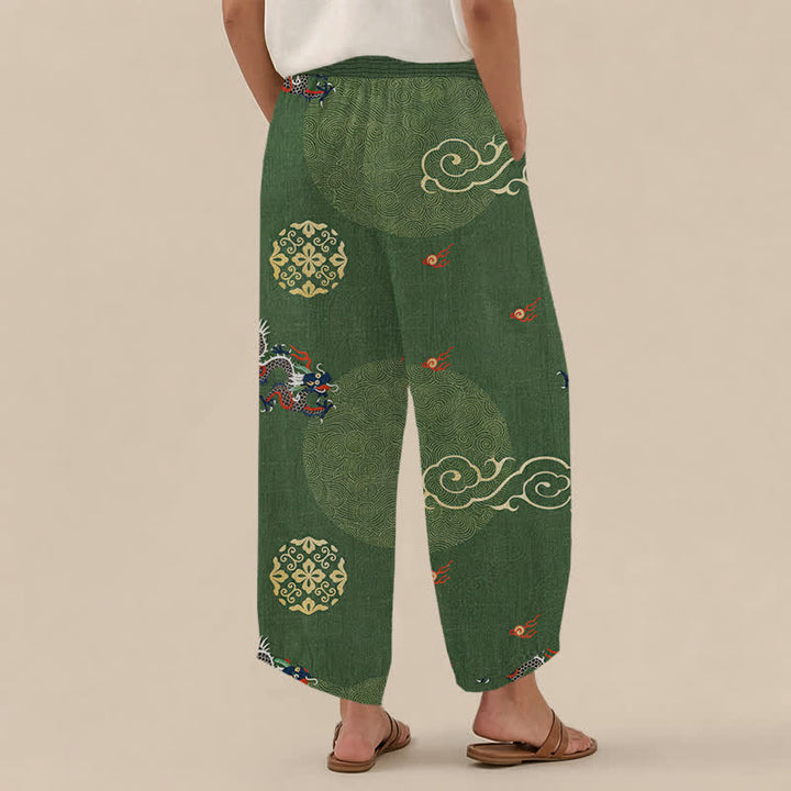 Buddha Stones Pantalones harem de algodón vintage con estampado de tótem de dragón, cintura elástica plisada y bolsillos para mujer. - image 2