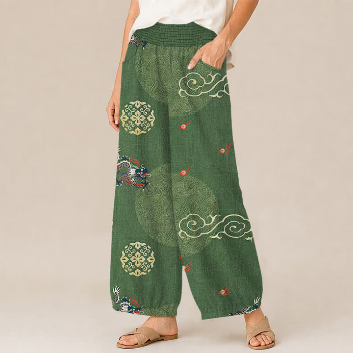 Buddha Stones Pantalones harem de algodón vintage con estampado de tótem de dragón, cintura elástica plisada y bolsillos para mujer. - image 1