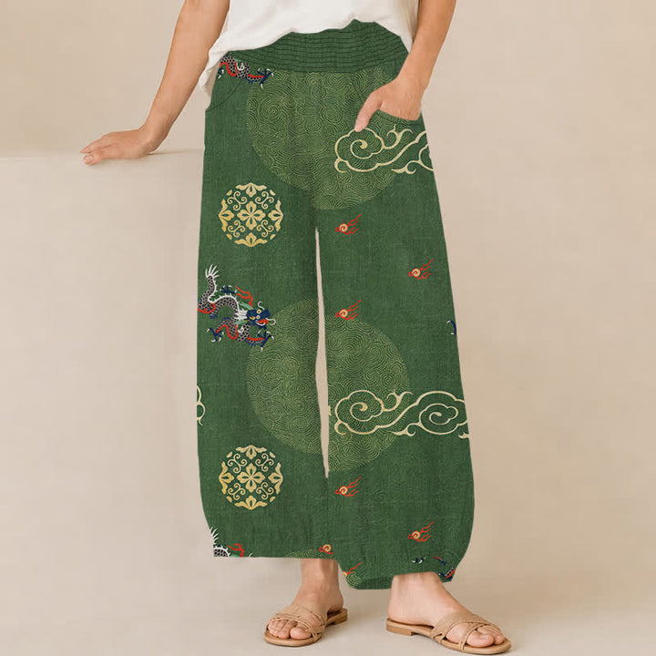 Buddha Stones Pantalones harem de algodón vintage con estampado de tótem de dragón, cintura elástica plisada y bolsillos para mujer. - Verde bosque - US16，UK/AU20，EU48 (3XL) - image 0