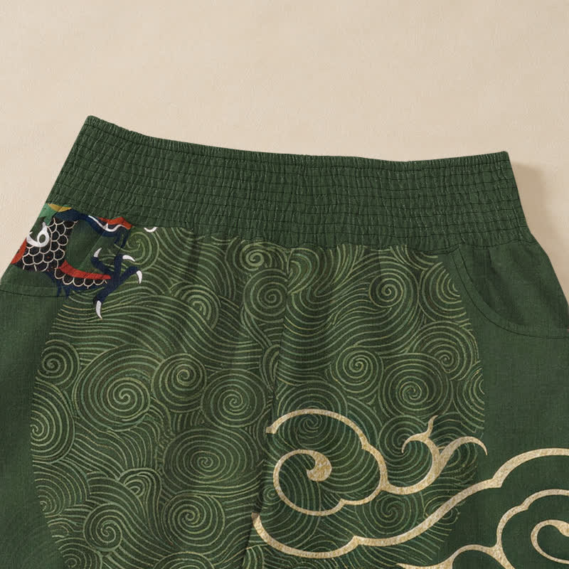Buddha Stones Pantalones harem de algodón vintage con estampado de tótem de dragón, cintura elástica plisada y bolsillos para mujer. - image 4