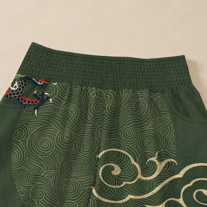 Buddha Stones Pantalones harem de algodón vintage con estampado de tótem de dragón, cintura elástica plisada y bolsillos para mujer. - image 4