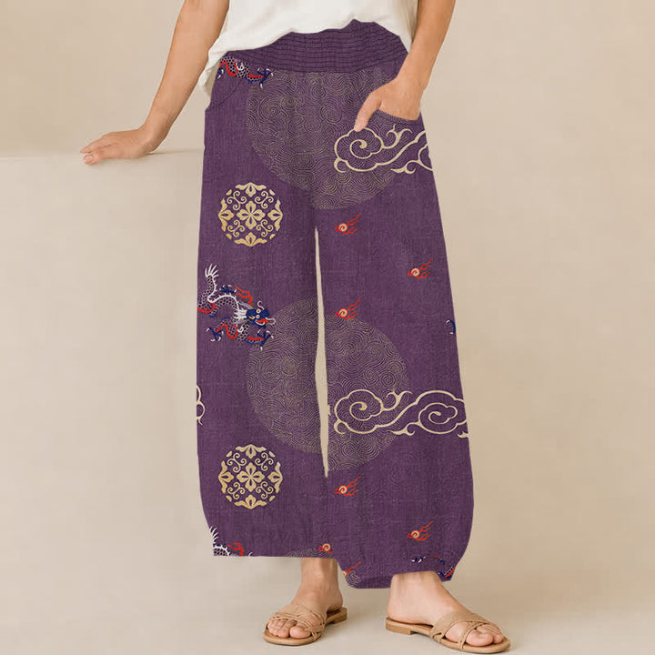 Buddha Stones Pantalones harem de algodón vintage con estampado de tótem de dragón, cintura elástica plisada y bolsillos para mujer. - Púrpura - US16，UK/AU20，EU48 (3XL) - image 6