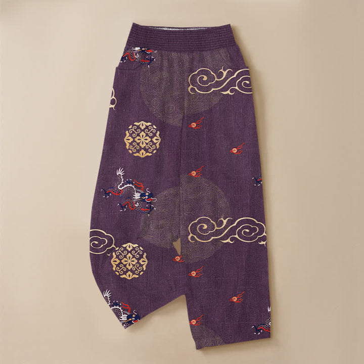 Buddha Stones Pantalones harem de algodón vintage con estampado de tótem de dragón, cintura elástica plisada y bolsillos para mujer. - image 9