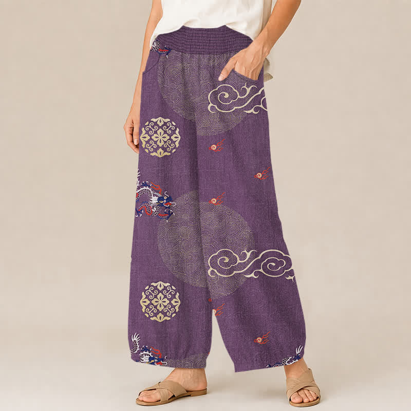 Buddha Stones Pantalones harem de algodón vintage con estampado de tótem de dragón, cintura elástica plisada y bolsillos para mujer. - image 7