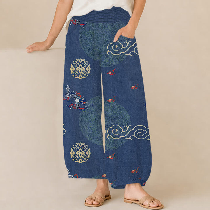Buddha Stones Pantalones harem de algodón vintage con estampado de tótem de dragón, cintura elástica plisada y bolsillos para mujer. - Azul acero - US16，UK/AU20，EU48 (3XL) - image 10