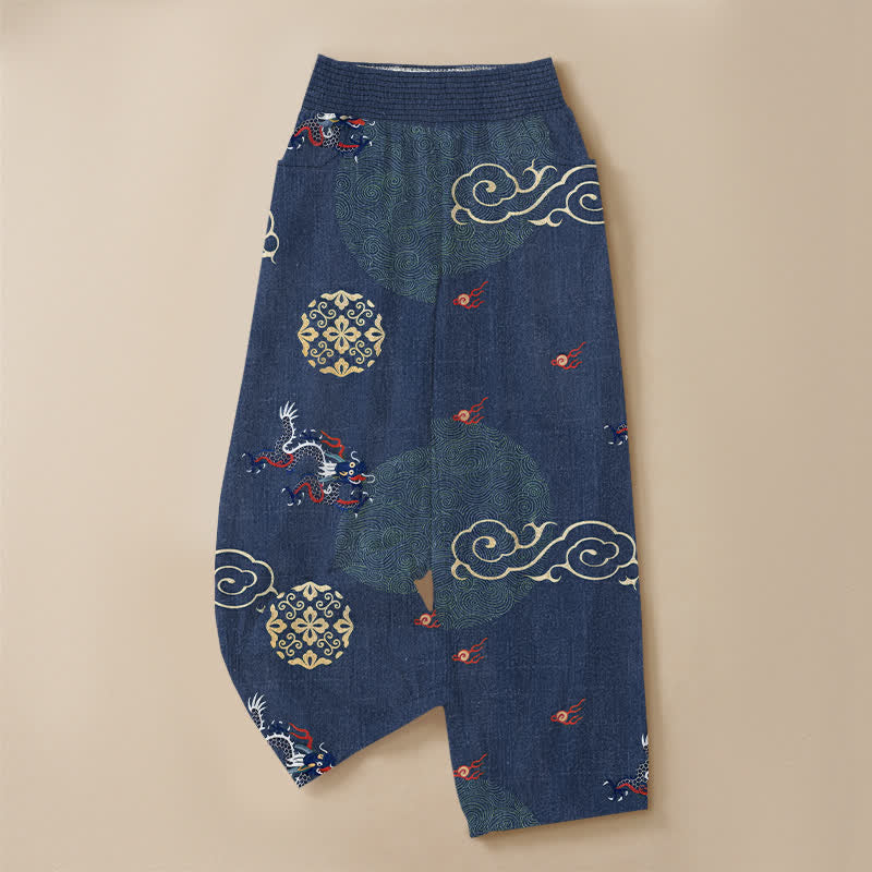 Buddha Stones Pantalones harem de algodón vintage con estampado de tótem de dragón, cintura elástica plisada y bolsillos para mujer. - image 13
