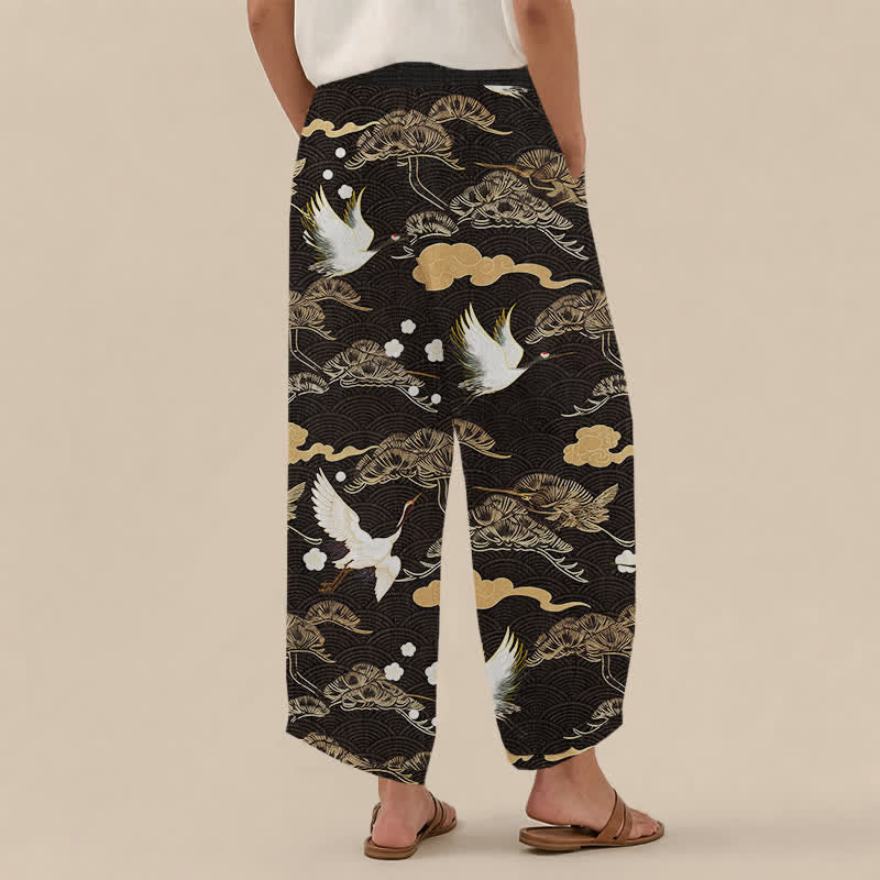 Buddha Stones Pantalones harem de algodón con estampado de grullas y nubes, cintura elástica plisada y bolsillos para mujer. - image 2